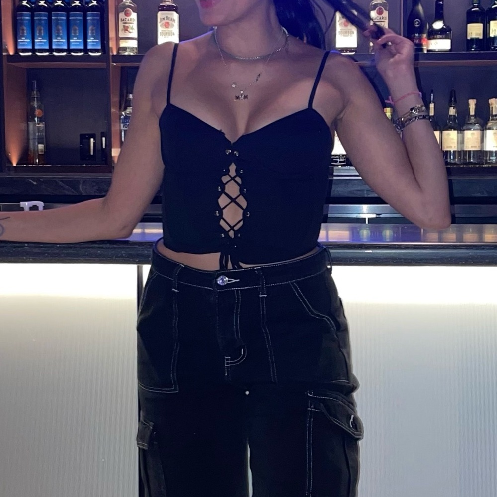Meshki Black Corset Top with Gold Eyelets
